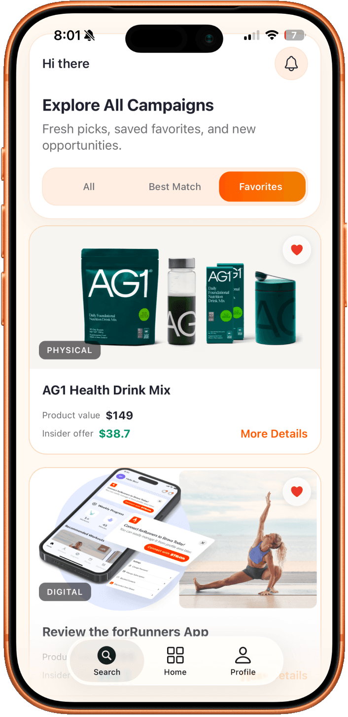 Real World Reviews creator app showing available product campaigns