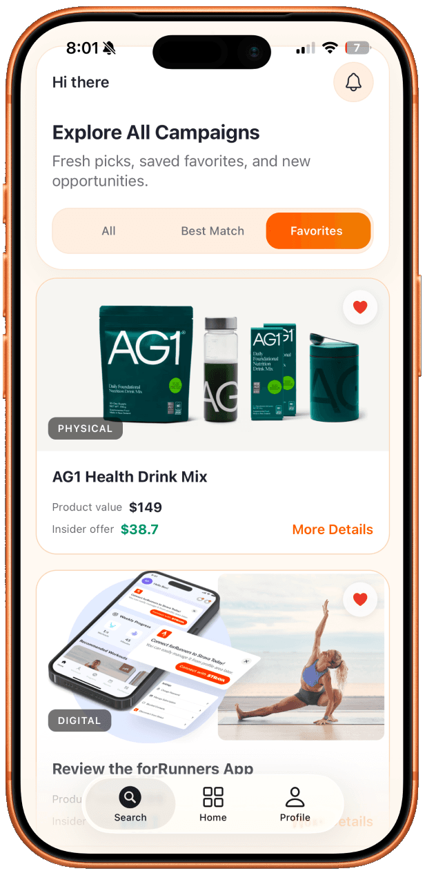 Creator app showing available physical and digital product campaigns