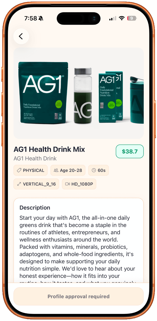 Creator app showing product campaign details and reward